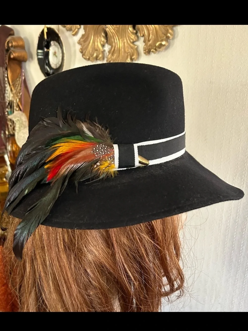 Vintage Black Wool Fedora Hat w Feather Embellishment